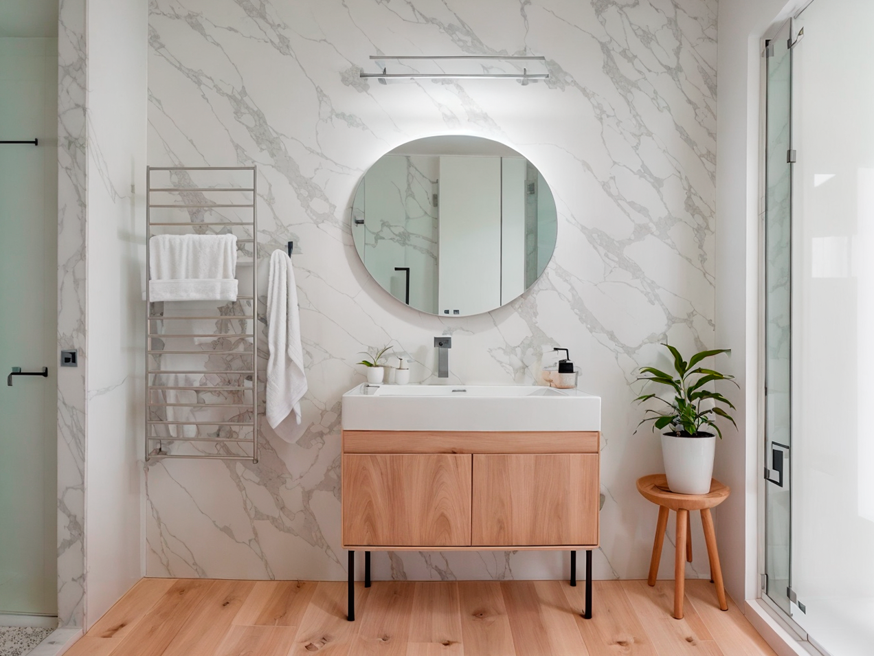 ✨ Baño Contemporáneo: Sofisticación con Mármol y Madera