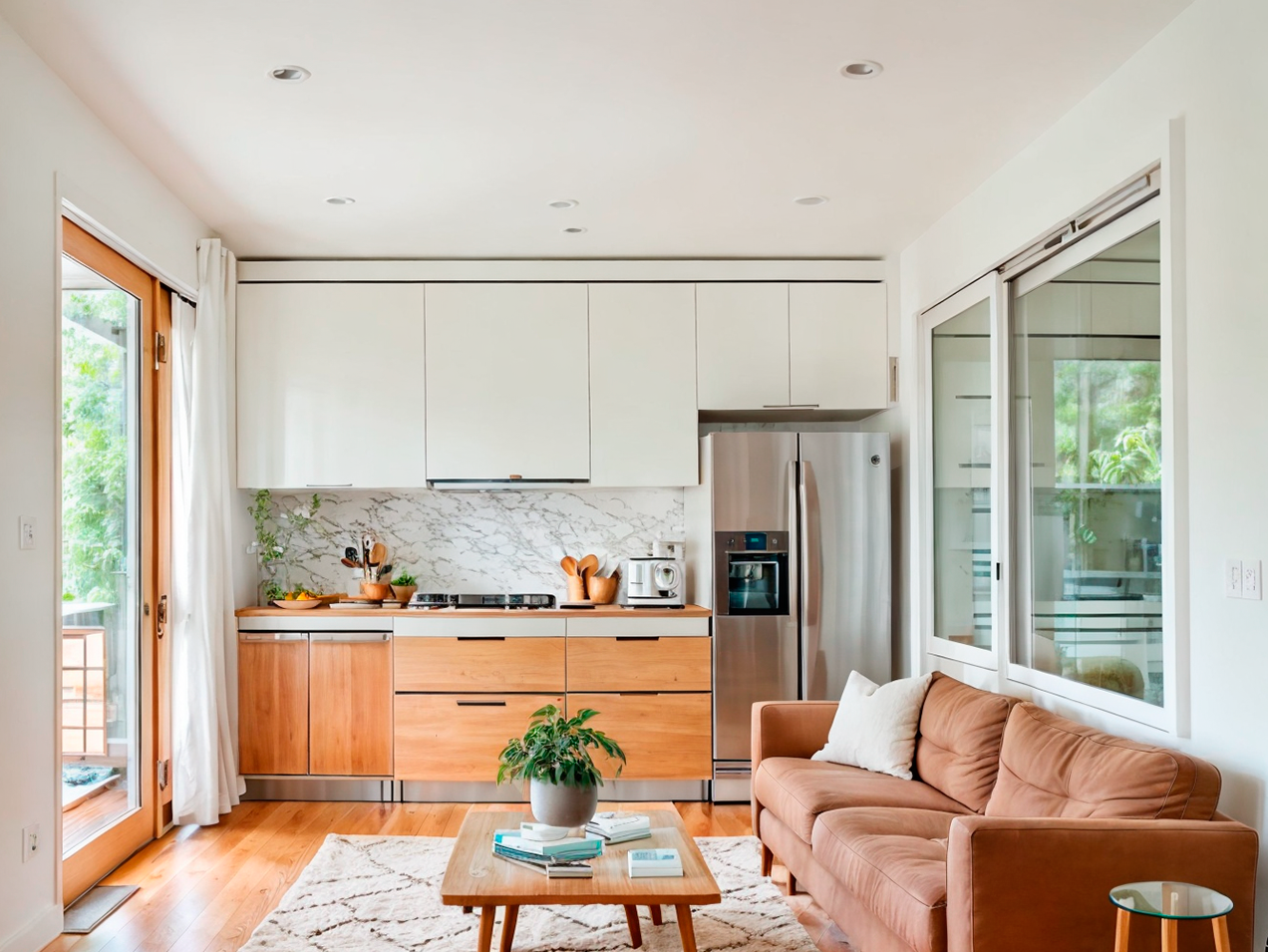 Diseño 3D de Salón y Cocina Integrados